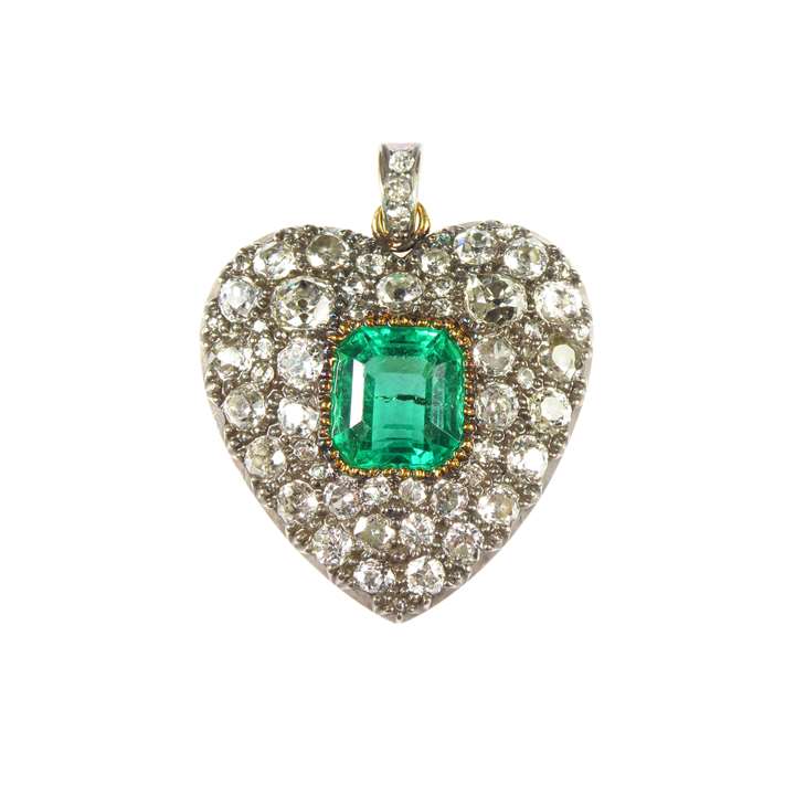 Antique emerald and diamond heart cluster pendant